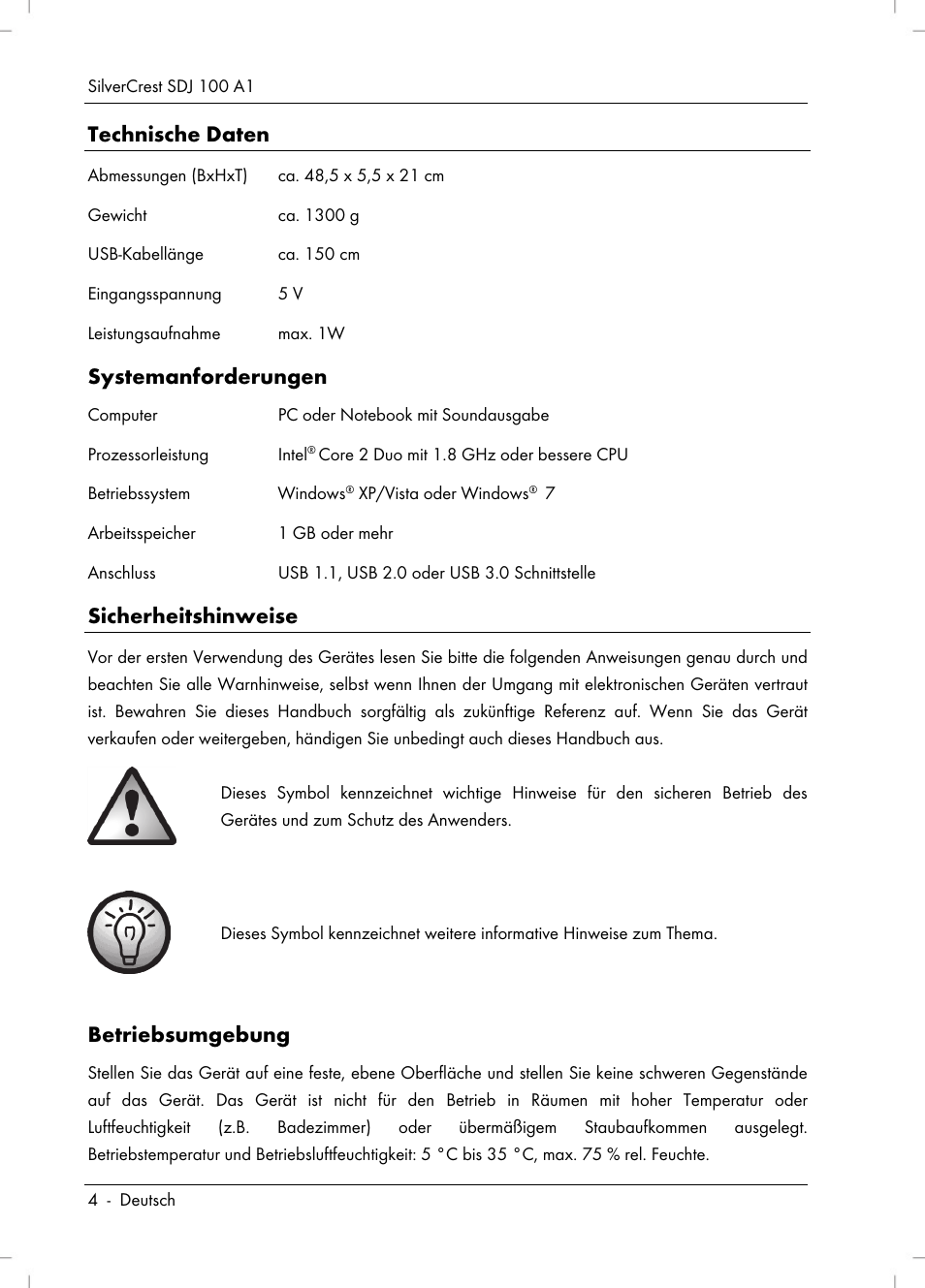 Technische daten, Systemanforderungen, Sicherheitshinweise | Betriebsumgebung | Silvercrest SDJ 100 A1 User Manual | Page 6 / 90