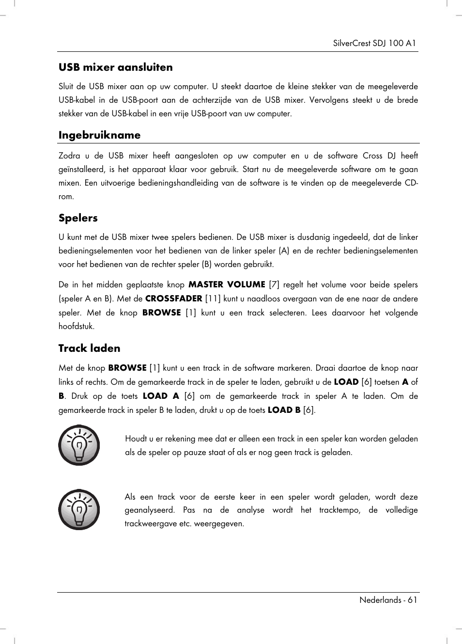 Usb mixer aansluiten, Ingebruikname, Spelers | Track laden | Silvercrest SDJ 100 A1 User Manual | Page 63 / 90