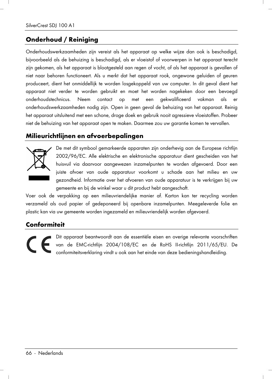 Onderhoud / reiniging, Milieurichtlijnen en afvoerbepalingen, Conformiteit | Silvercrest SDJ 100 A1 User Manual | Page 68 / 90