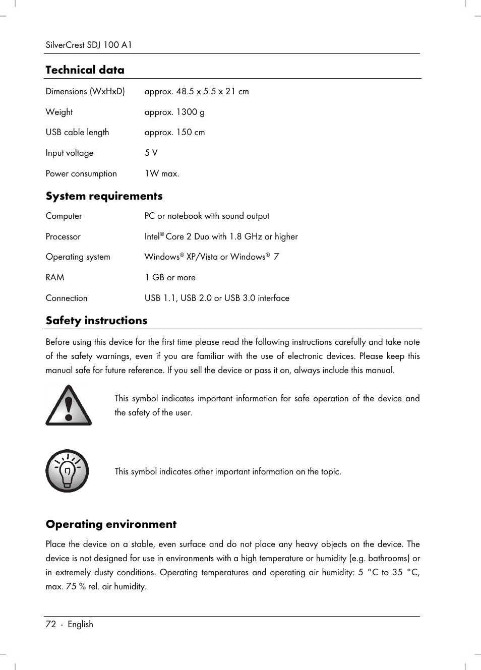 Technical data, System requirements, Safety instructions | Operating environment | Silvercrest SDJ 100 A1 User Manual | Page 74 / 90