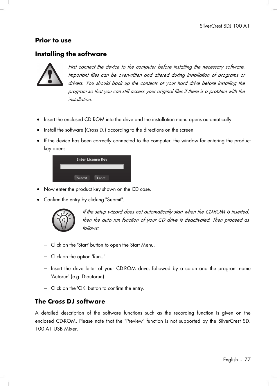 Prior to use installing the software, The cross dj software | Silvercrest SDJ 100 A1 User Manual | Page 79 / 90