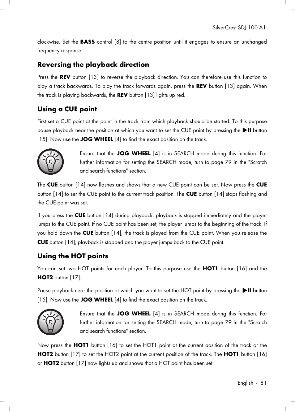 Reversing the playback direction, Using a cue point, Using the hot points | Silvercrest SDJ 100 A1 User Manual | Page 83 / 90