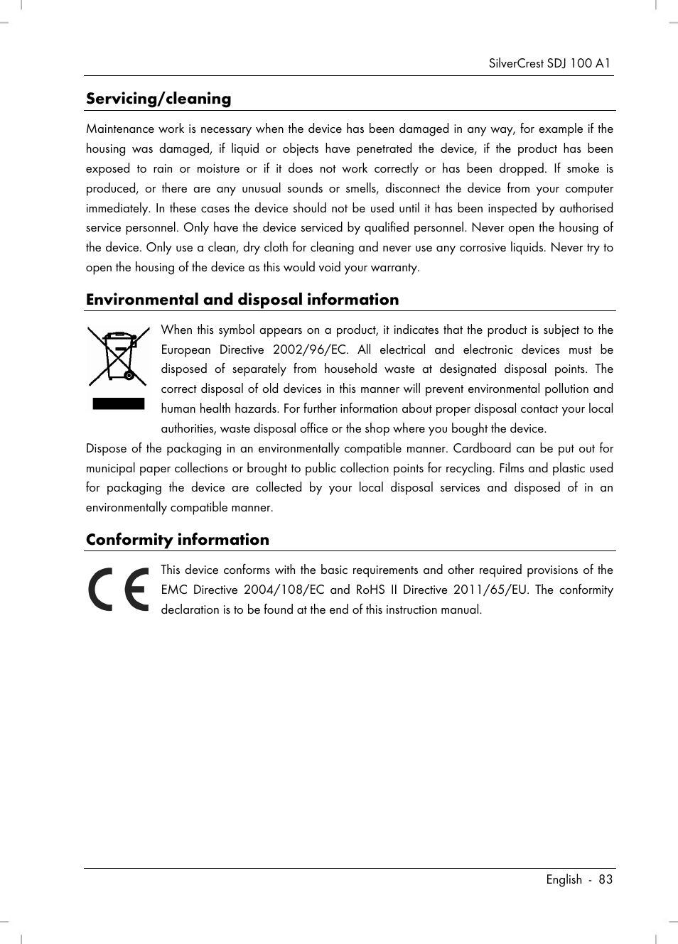 Servicing/cleaning, Environmental and disposal information, Conformity information | Silvercrest SDJ 100 A1 User Manual | Page 85 / 90