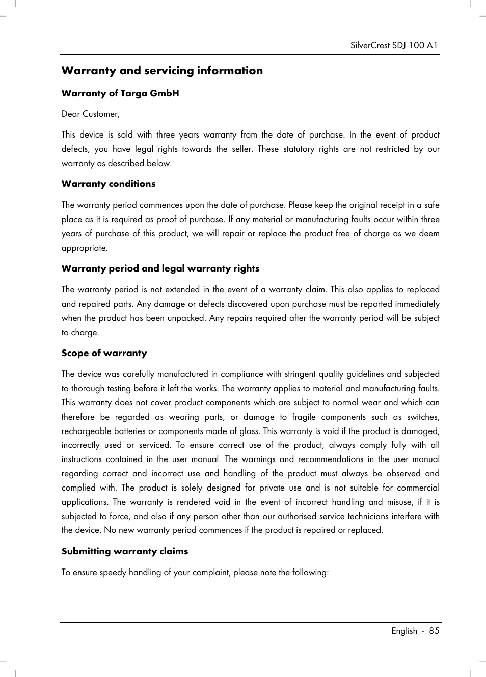 Warranty and servicing information | Silvercrest SDJ 100 A1 User Manual | Page 87 / 90