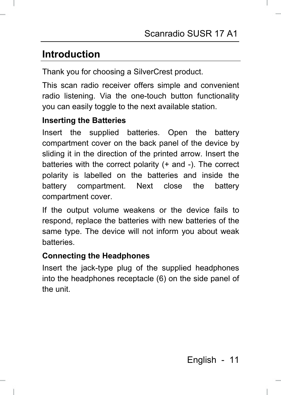 Introduction | Silvercrest SUSR 17 A1 User Manual | Page 11 / 20