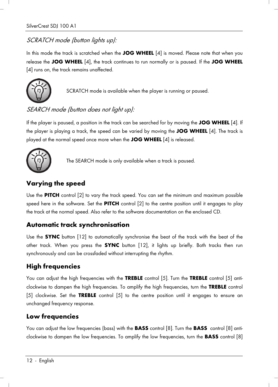 Scratch mode (button lights up), Search mode (button does not light up) | Silvercrest SDJ 100 A1 User Manual | Page 14 / 90