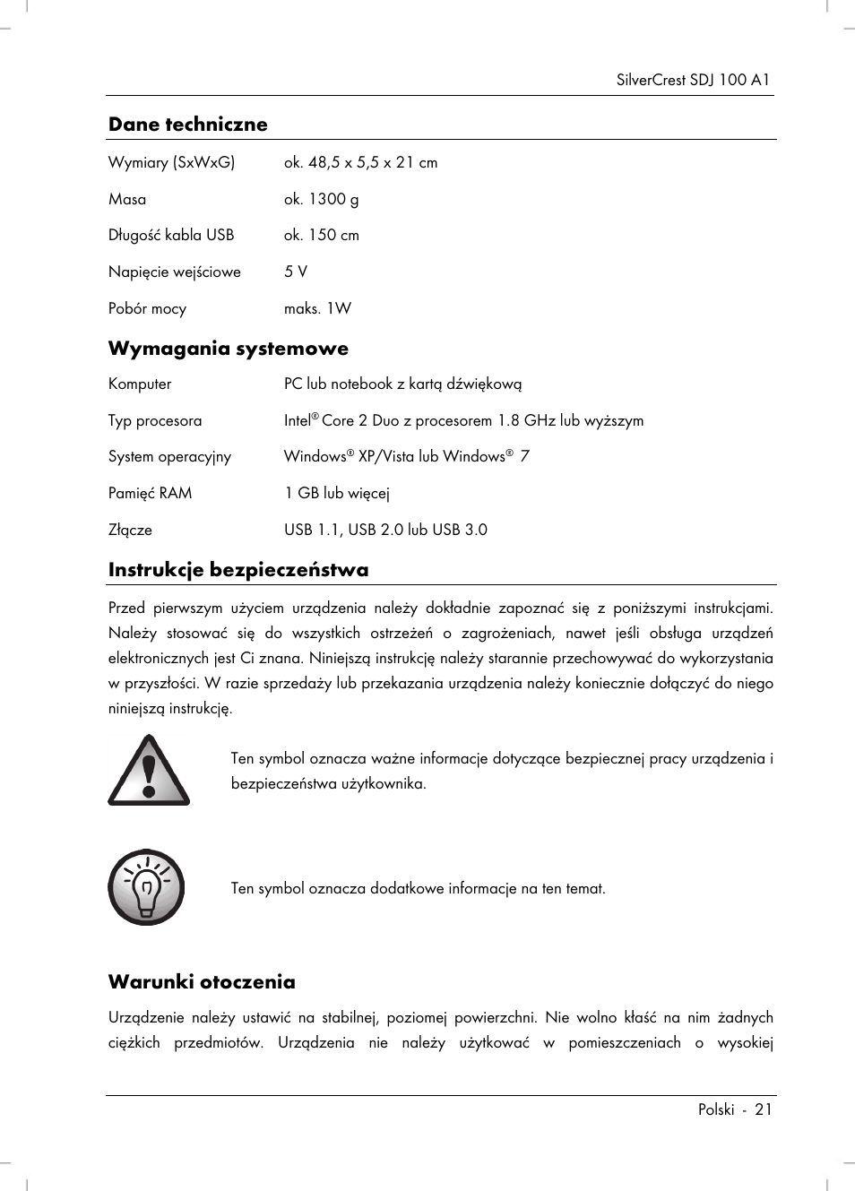 Dane techniczne, Wymagania systemowe, Instrukcje bezpieczeństwa | Warunki otoczenia | Silvercrest SDJ 100 A1 User Manual | Page 23 / 90