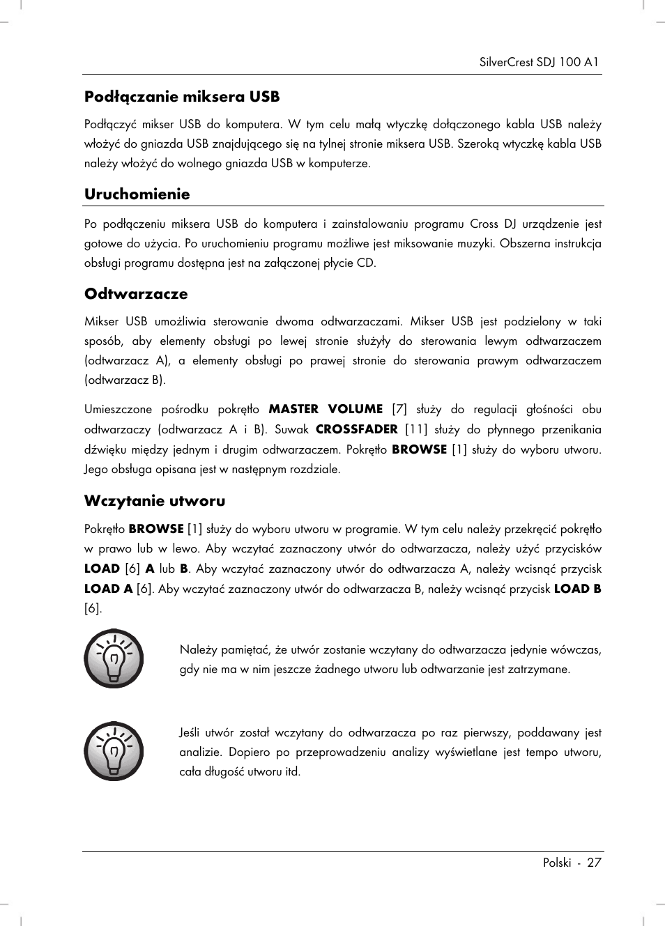 Podłączanie miksera usb, Uruchomienie, Odtwarzacze | Wczytanie utworu | Silvercrest SDJ 100 A1 User Manual | Page 29 / 90