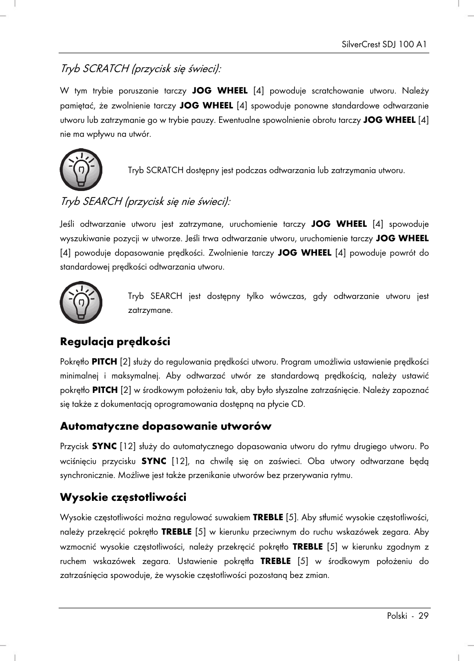 Tryb scratch (przycisk się świeci), Tryb search (przycisk się nie świeci) | Silvercrest SDJ 100 A1 User Manual | Page 31 / 90
