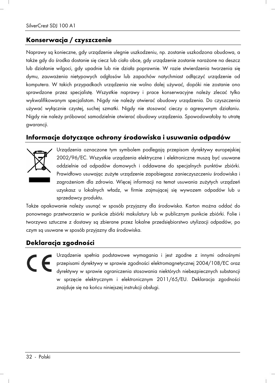 Konserwacja / czyszczenie, Deklaracja zgodności | Silvercrest SDJ 100 A1 User Manual | Page 34 / 90