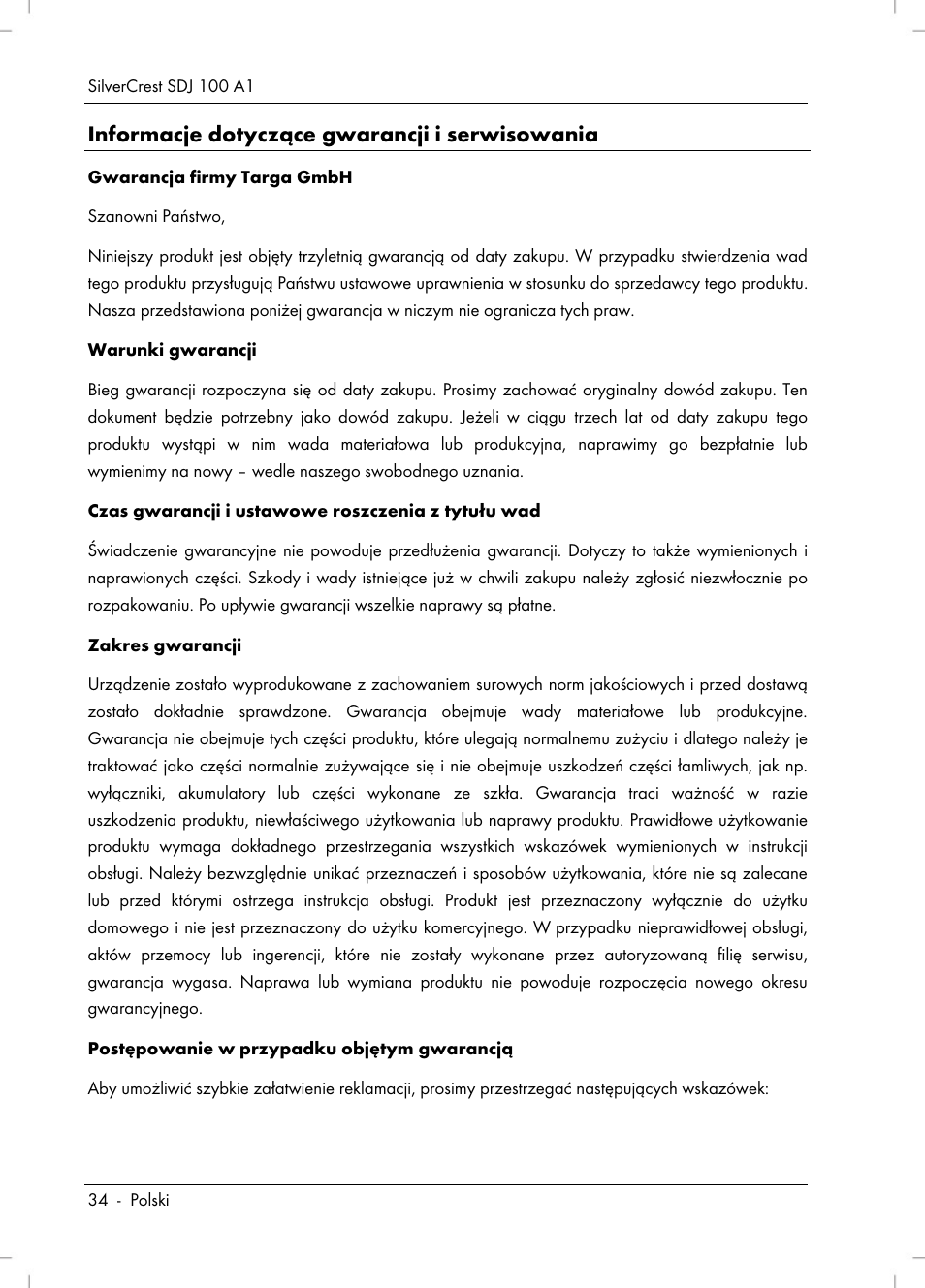 Informacje dotyczące gwarancji i serwisowania | Silvercrest SDJ 100 A1 User Manual | Page 36 / 90