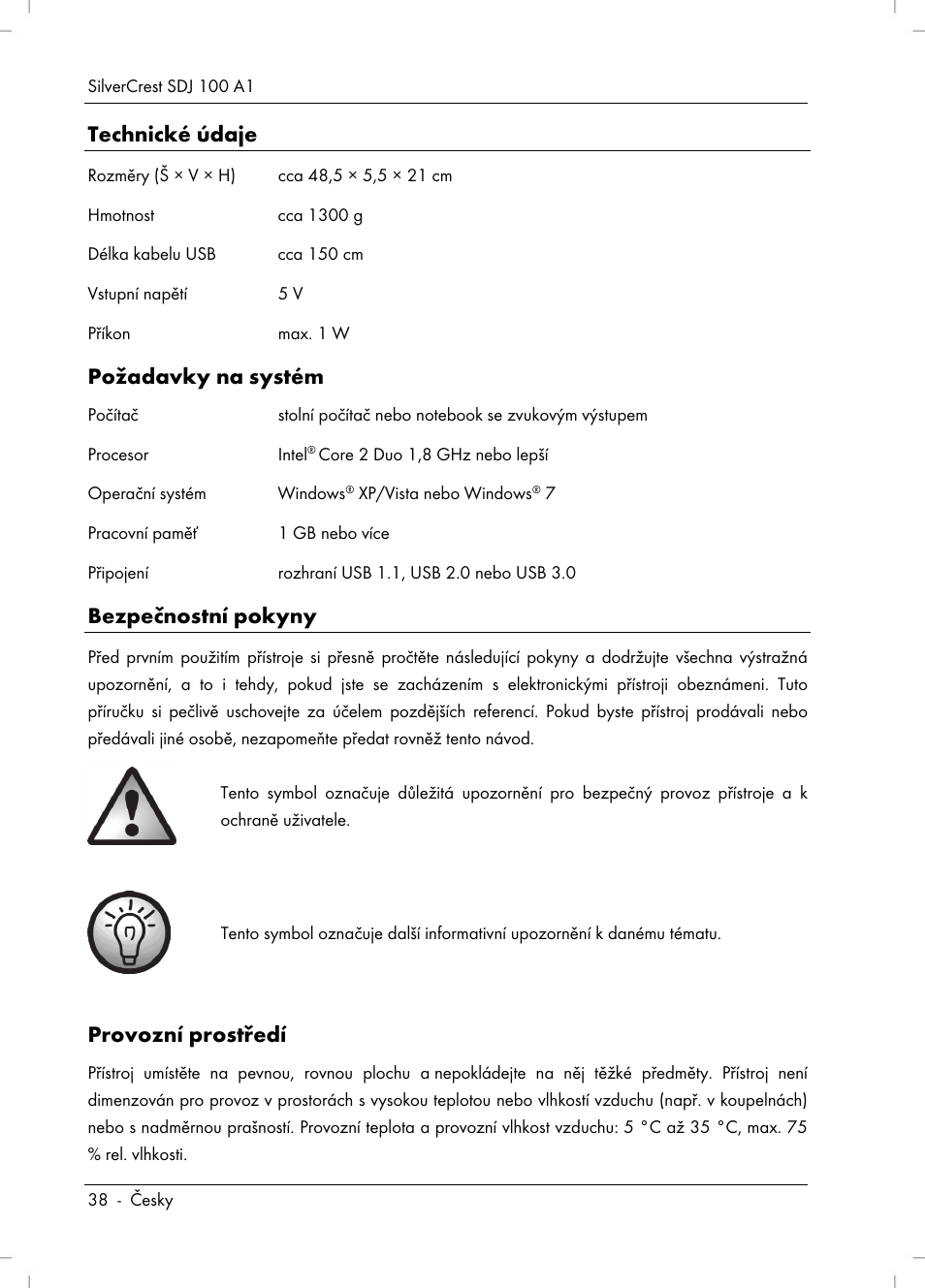 Technické údaje, Požadavky na systém, Bezpečnostní pokyny | Provozní prostředí | Silvercrest SDJ 100 A1 User Manual | Page 40 / 90
