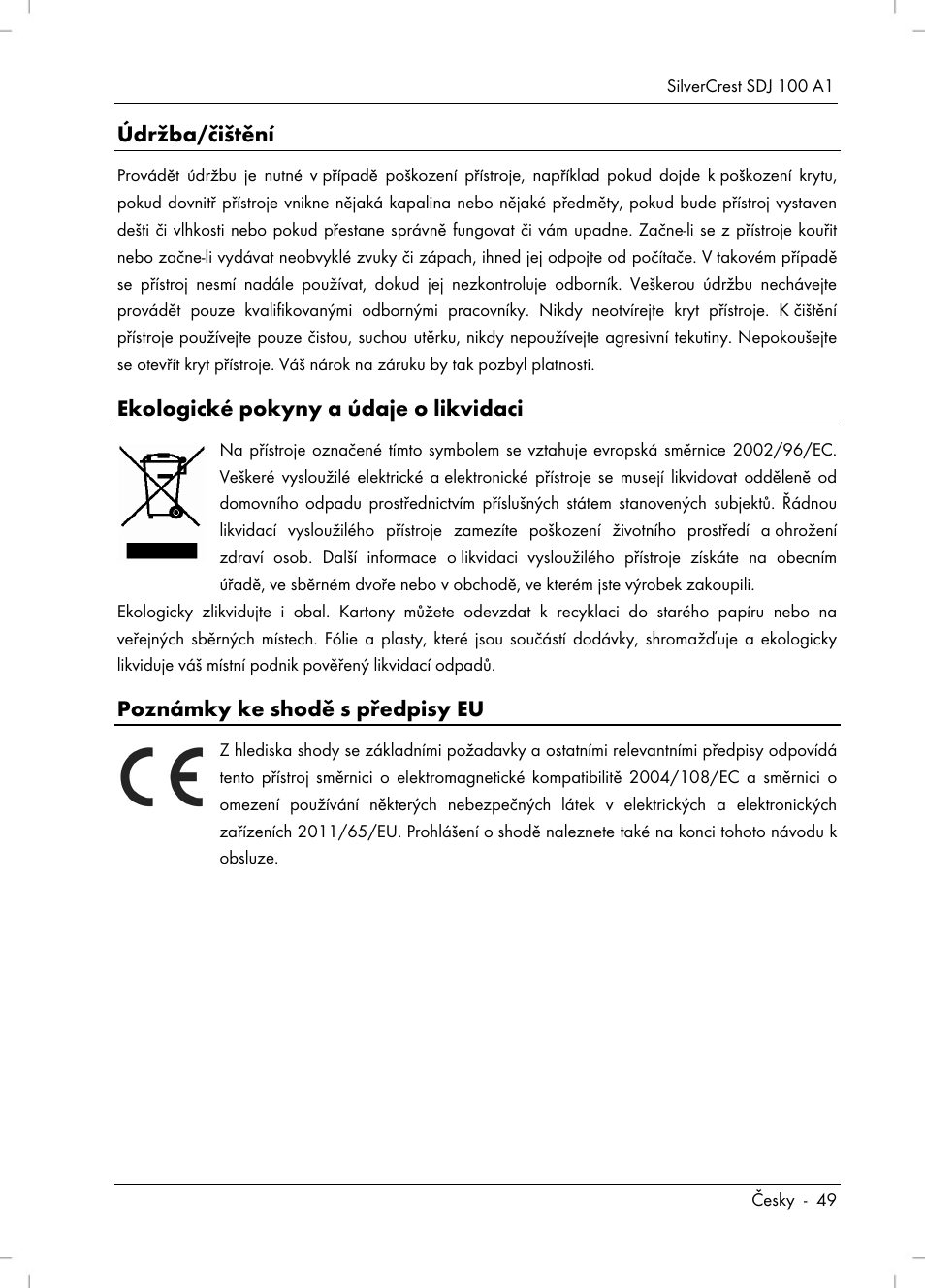 Údržba/čištění, Ekologické pokyny a údaje o likvidaci, Poznámky ke shodě s předpisy eu | Silvercrest SDJ 100 A1 User Manual | Page 51 / 90