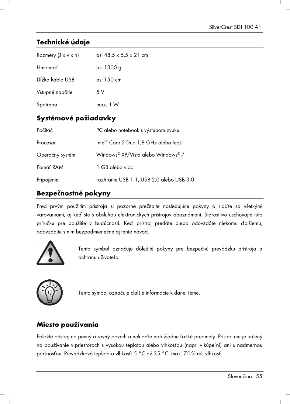 Technické údaje, Systémové požiadavky, Bezpečnostné pokyny | Miesto používania | Silvercrest SDJ 100 A1 User Manual | Page 57 / 90