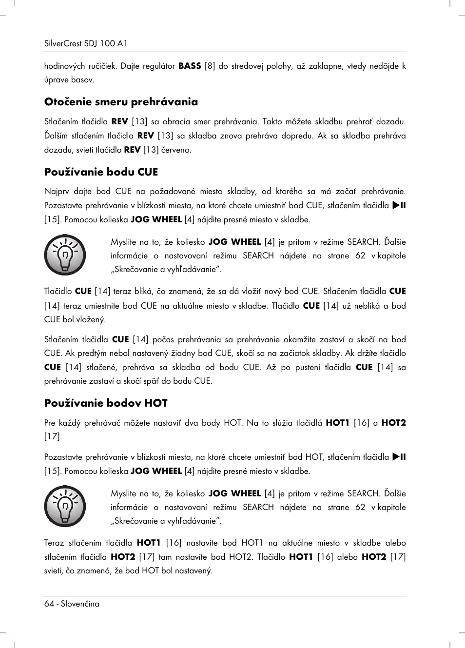 Otočenie smeru prehrávania, Používanie bodu cue, Používanie bodov hot | Silvercrest SDJ 100 A1 User Manual | Page 66 / 90