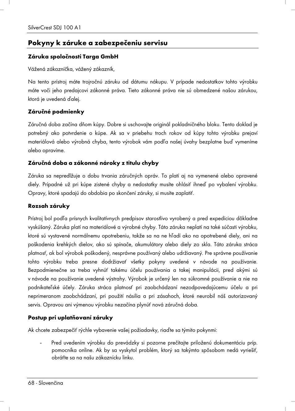 Pokyny k záruke a zabezpečeniu servisu | Silvercrest SDJ 100 A1 User Manual | Page 70 / 90