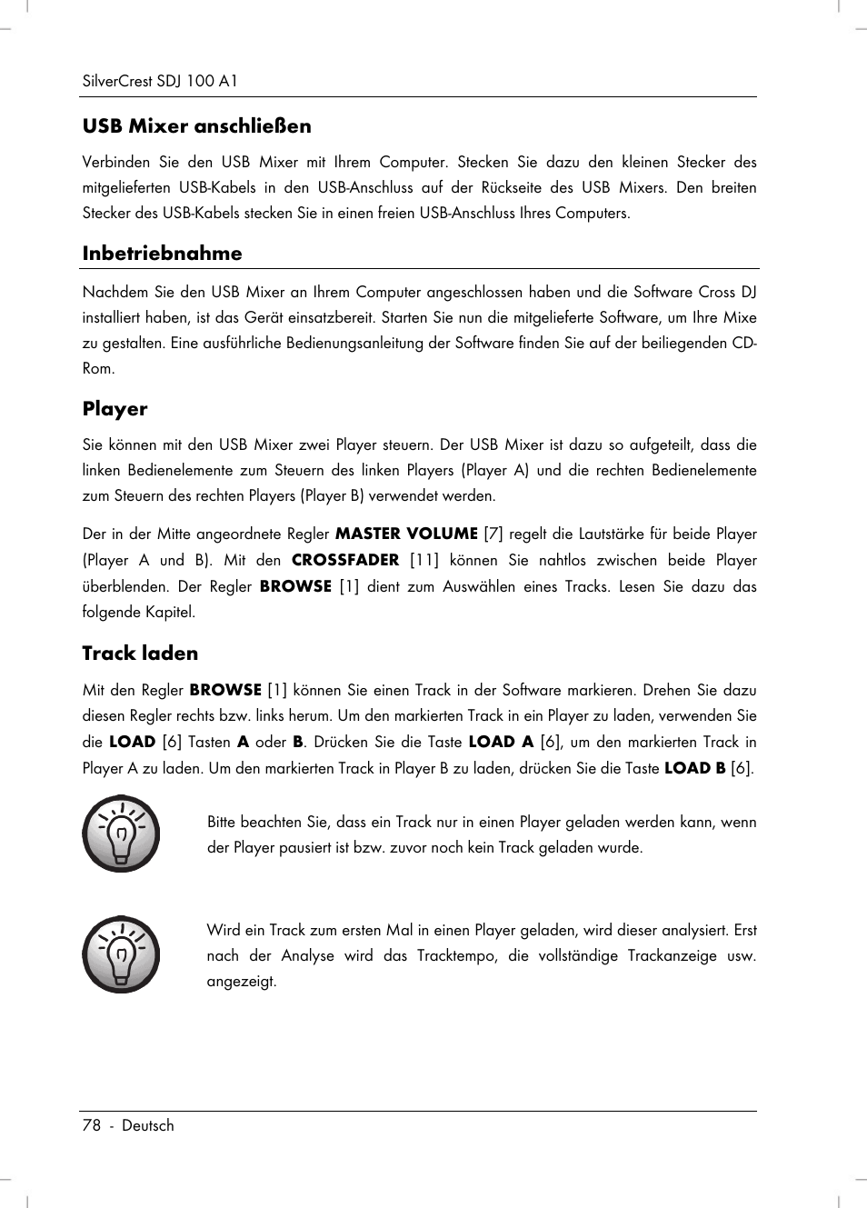 Usb mixer anschließen, Inbetriebnahme, Player | Track laden | Silvercrest SDJ 100 A1 User Manual | Page 80 / 90