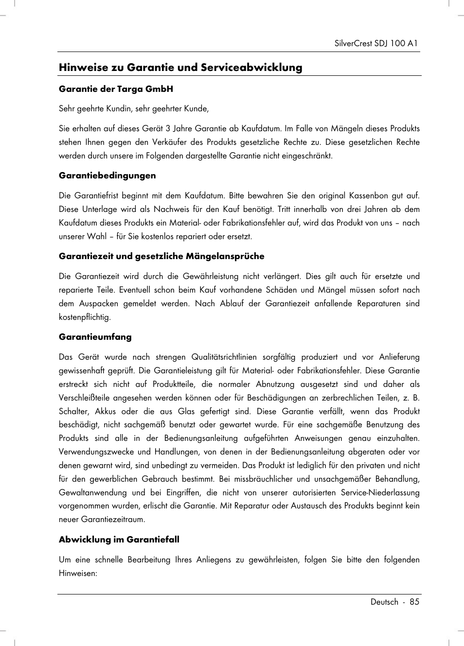 Hinweise zu garantie und serviceabwicklung | Silvercrest SDJ 100 A1 User Manual | Page 87 / 90