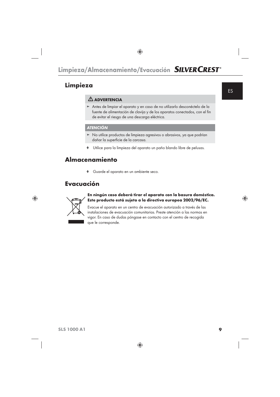 Limpieza/almacenamiento, Evacuación, Limpieza | Almacenamiento | Silvercrest SLS 1000 A1 User Manual | Page 11 / 72