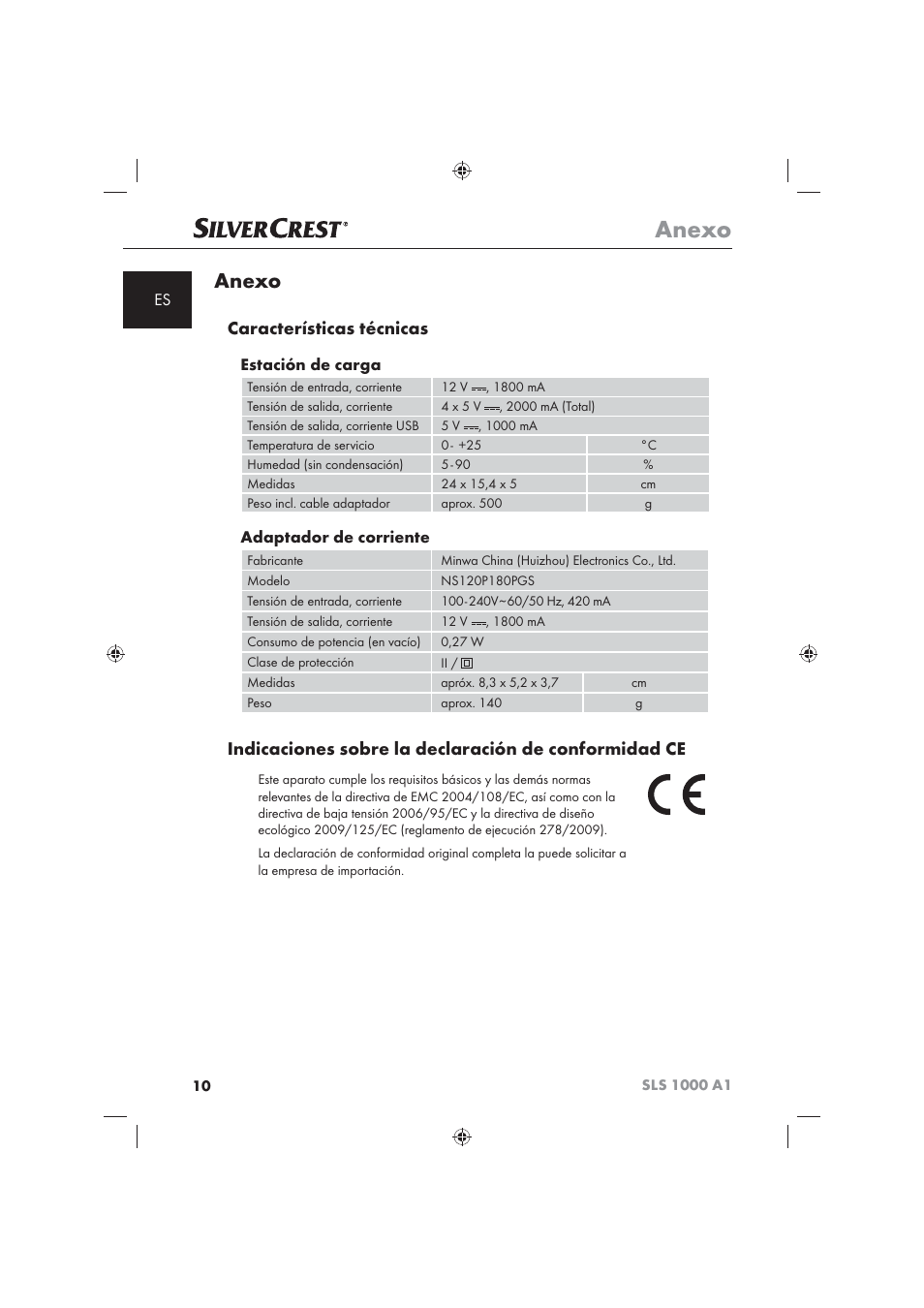 Anexo, Características técnicas, Estación de carga | Adaptador de corriente | Silvercrest SLS 1000 A1 User Manual | Page 12 / 72