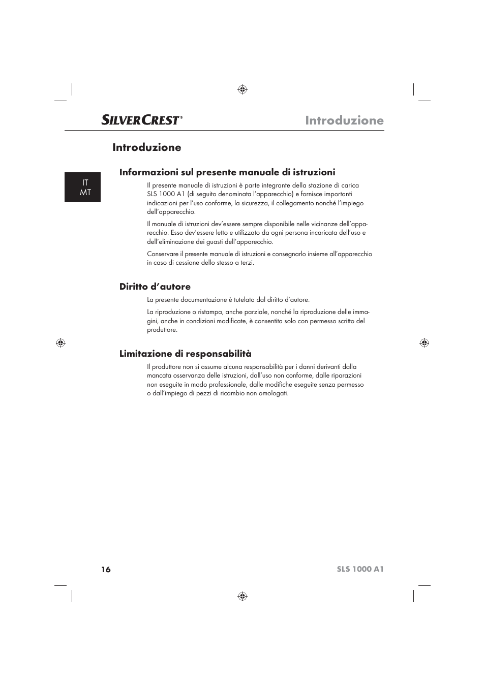 Introduzione, Informazioni sul presente manuale di istruzioni, Diritto d’autore | Limitazione di responsabilità, It mt | Silvercrest SLS 1000 A1 User Manual | Page 18 / 72