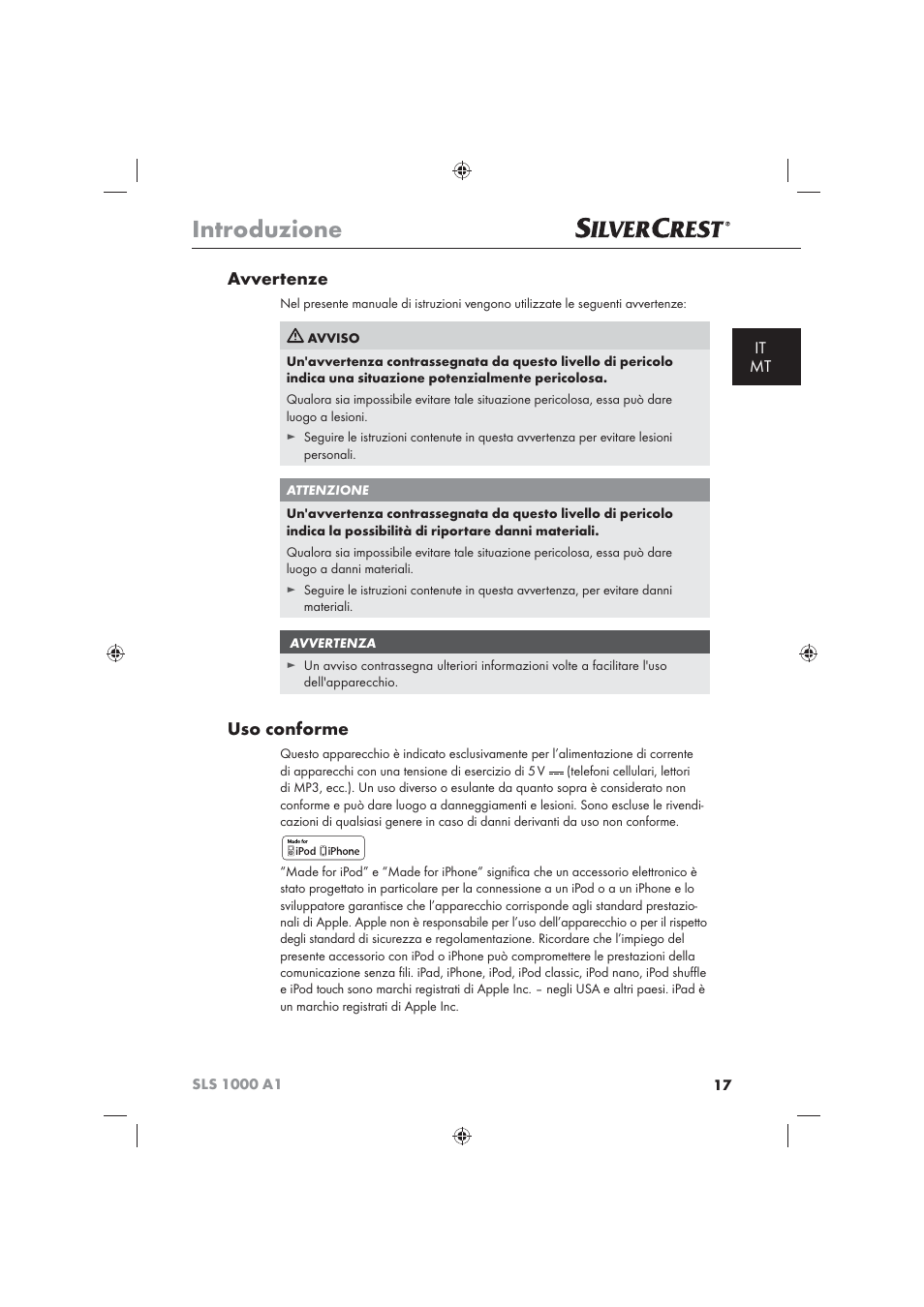 Introduzione, Avvertenze, Uso conforme | It mt | Silvercrest SLS 1000 A1 User Manual | Page 19 / 72