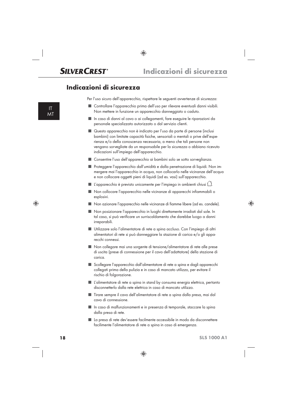 Indicazioni di sicurezza, It mt | Silvercrest SLS 1000 A1 User Manual | Page 20 / 72