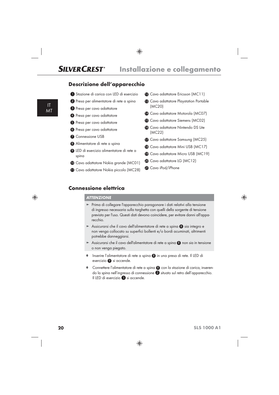 Installazione e collegamento, Descrizione dell’apparecchio, Connessione elettrica | It mt | Silvercrest SLS 1000 A1 User Manual | Page 22 / 72