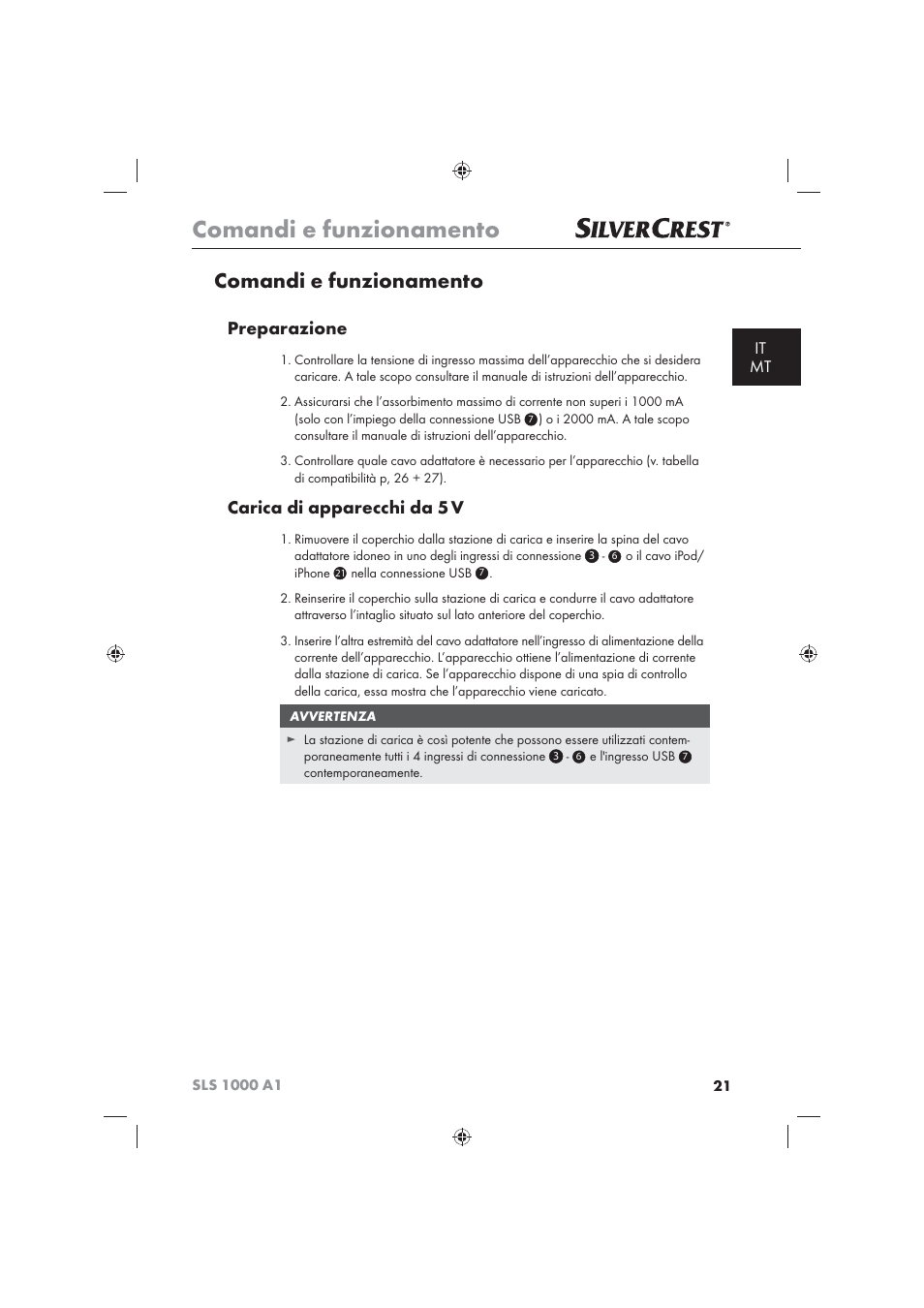 Comandi e funzionamento, Preparazione, Carica di apparecchi da 5 v | It mt | Silvercrest SLS 1000 A1 User Manual | Page 23 / 72