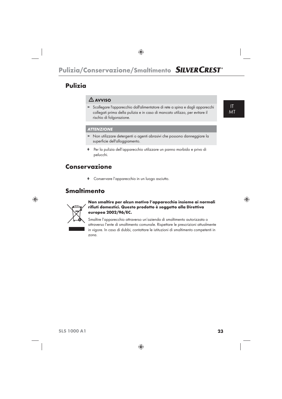 Pulizia/conservazione, Smaltimento, Pulizia | Conservazione, It mt | Silvercrest SLS 1000 A1 User Manual | Page 25 / 72