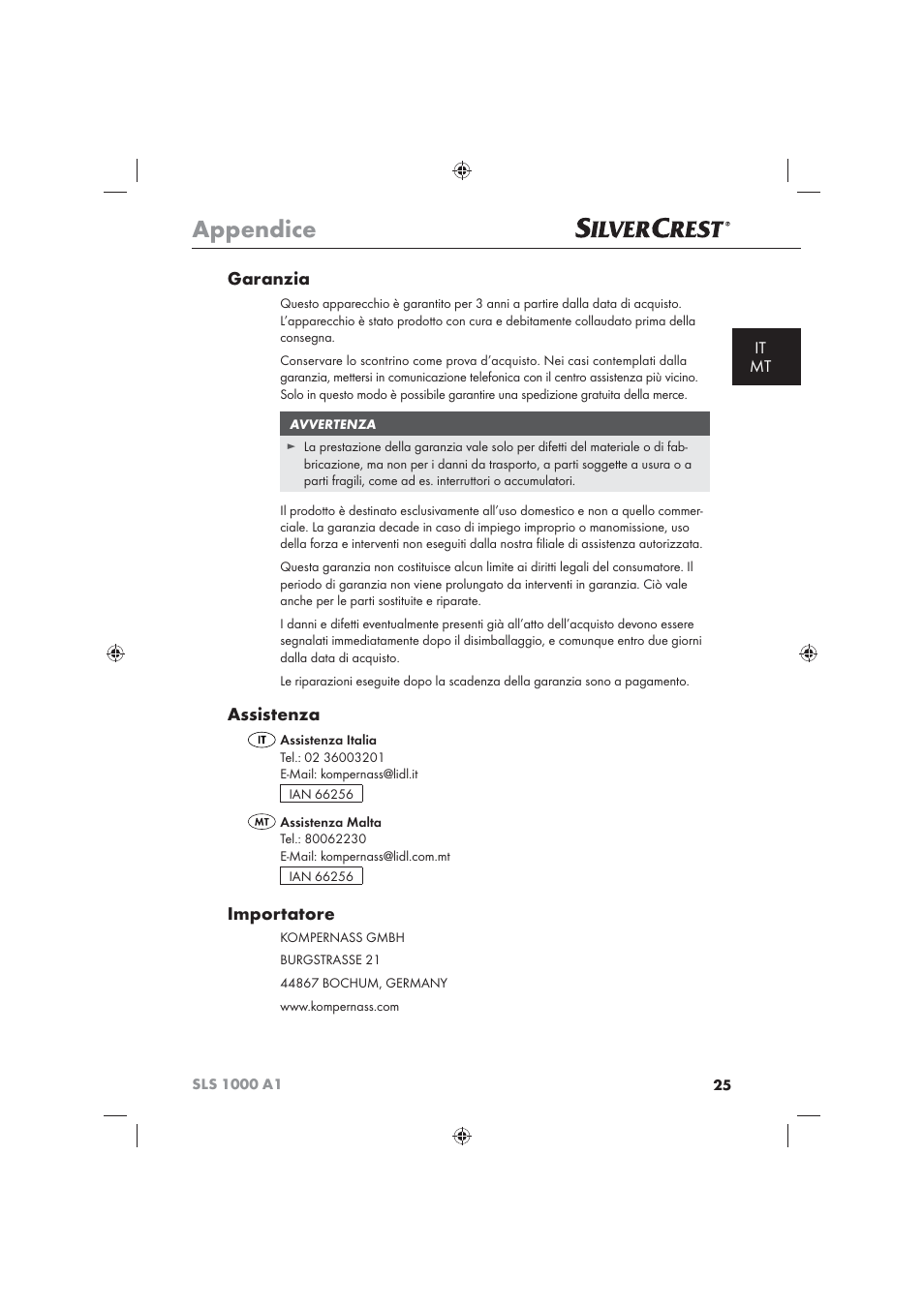 Appendice, Garanzia, Assistenza | Importatore, It mt | Silvercrest SLS 1000 A1 User Manual | Page 27 / 72