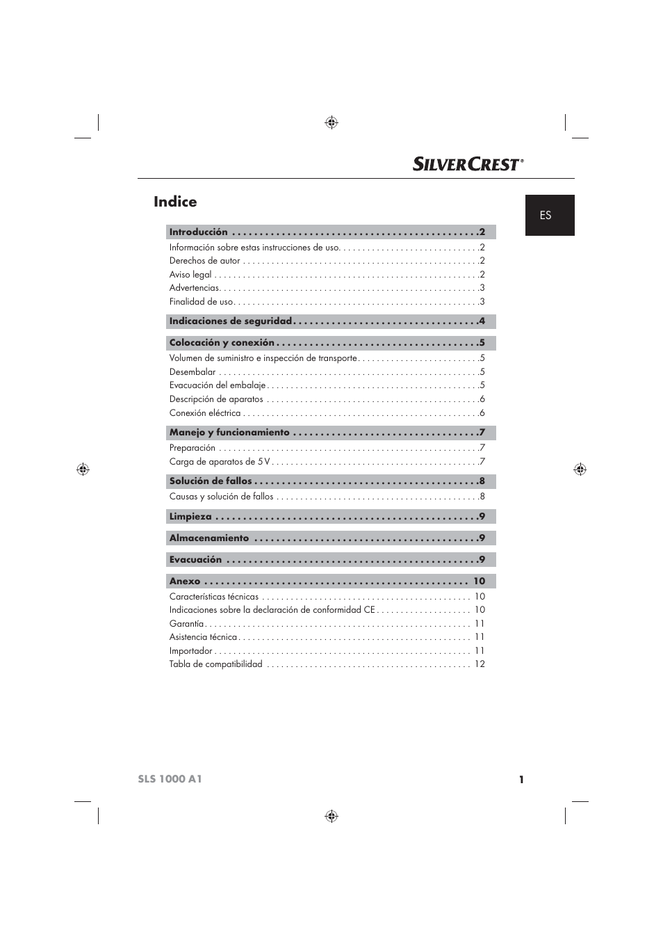Indice | Silvercrest SLS 1000 A1 User Manual | Page 3 / 72