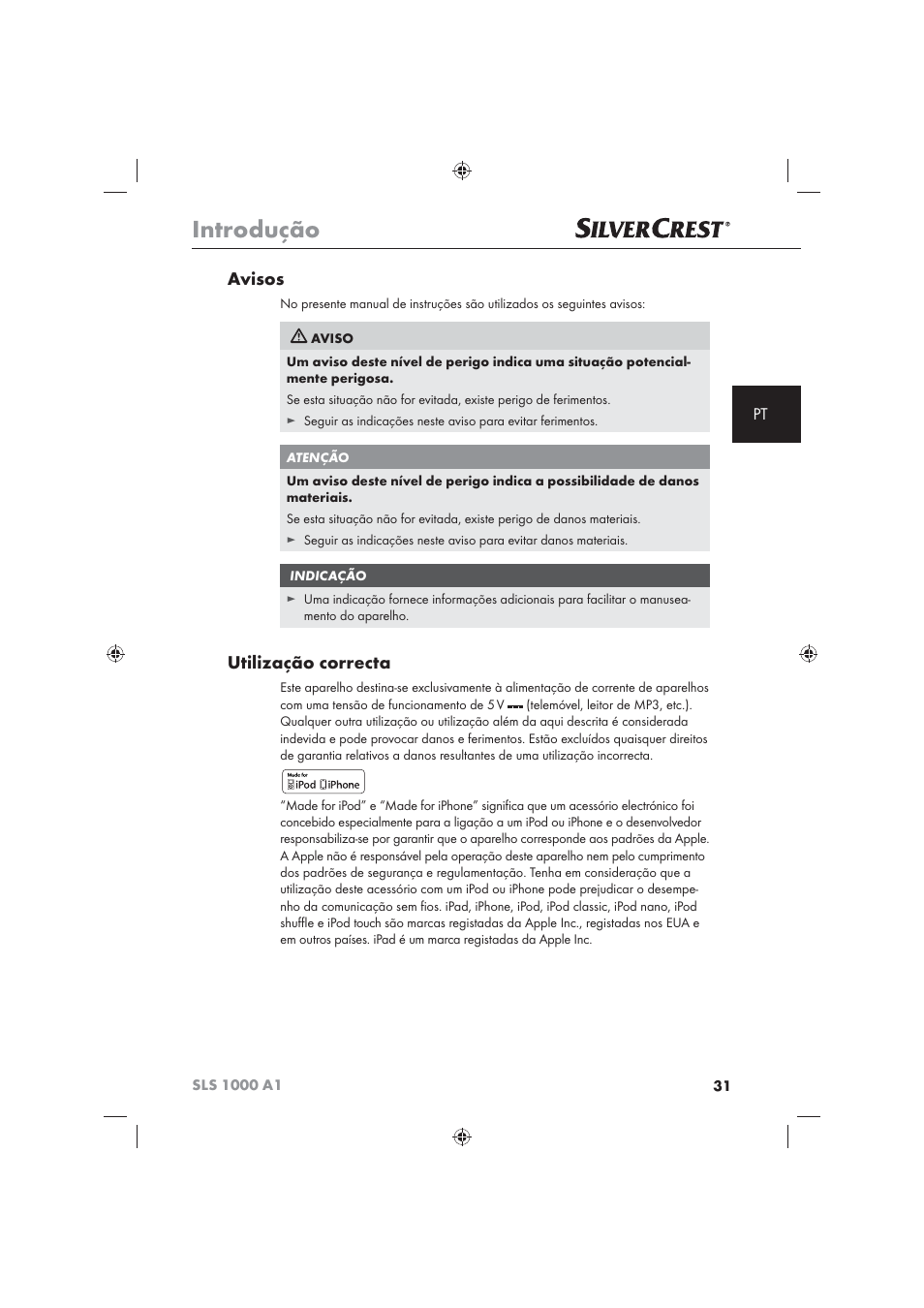 Introdução, Avisos, Utilização correcta | Silvercrest SLS 1000 A1 User Manual | Page 33 / 72