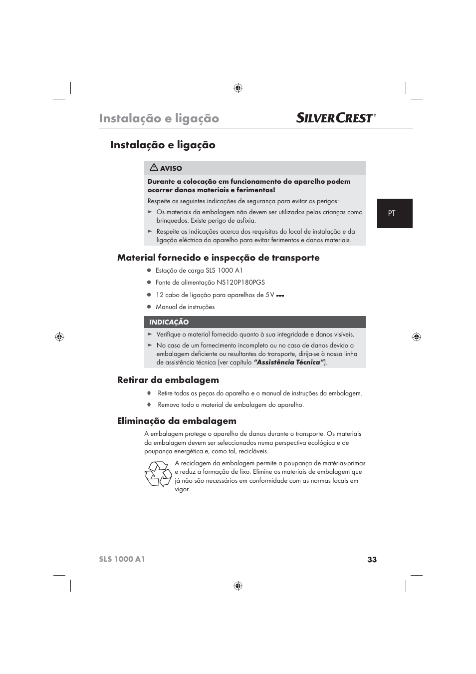 Instalação e ligação, Material fornecido e inspecção de transporte, Retirar da embalagem | Eliminação da embalagem | Silvercrest SLS 1000 A1 User Manual | Page 35 / 72