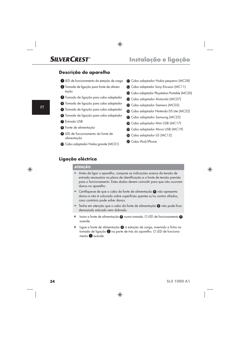 Instalação e ligação, Descrição do aparelho, Ligação eléctrica | Silvercrest SLS 1000 A1 User Manual | Page 36 / 72