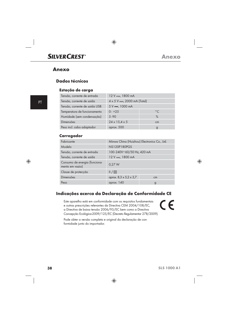 Anexo, Dados técnicos, Indicações acerca da declaração de conformidade ce | Estação de carga, Carregador | Silvercrest SLS 1000 A1 User Manual | Page 40 / 72