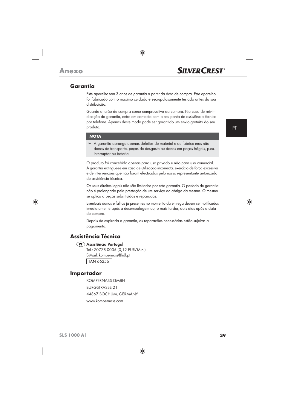 Anexo, Garantia, Assistência técnica | Importador | Silvercrest SLS 1000 A1 User Manual | Page 41 / 72