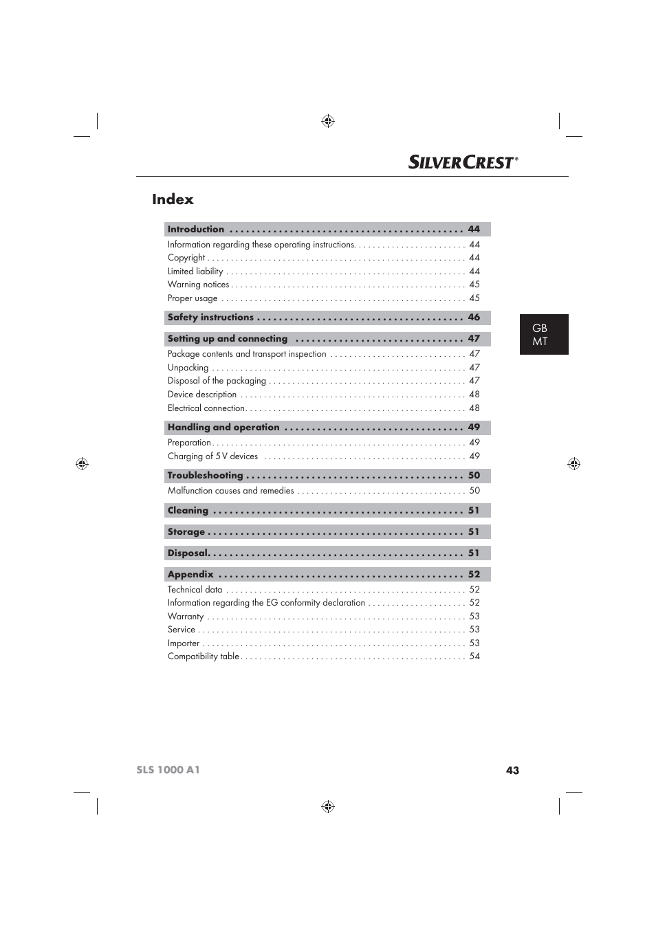 Index, Gb mt | Silvercrest SLS 1000 A1 User Manual | Page 45 / 72