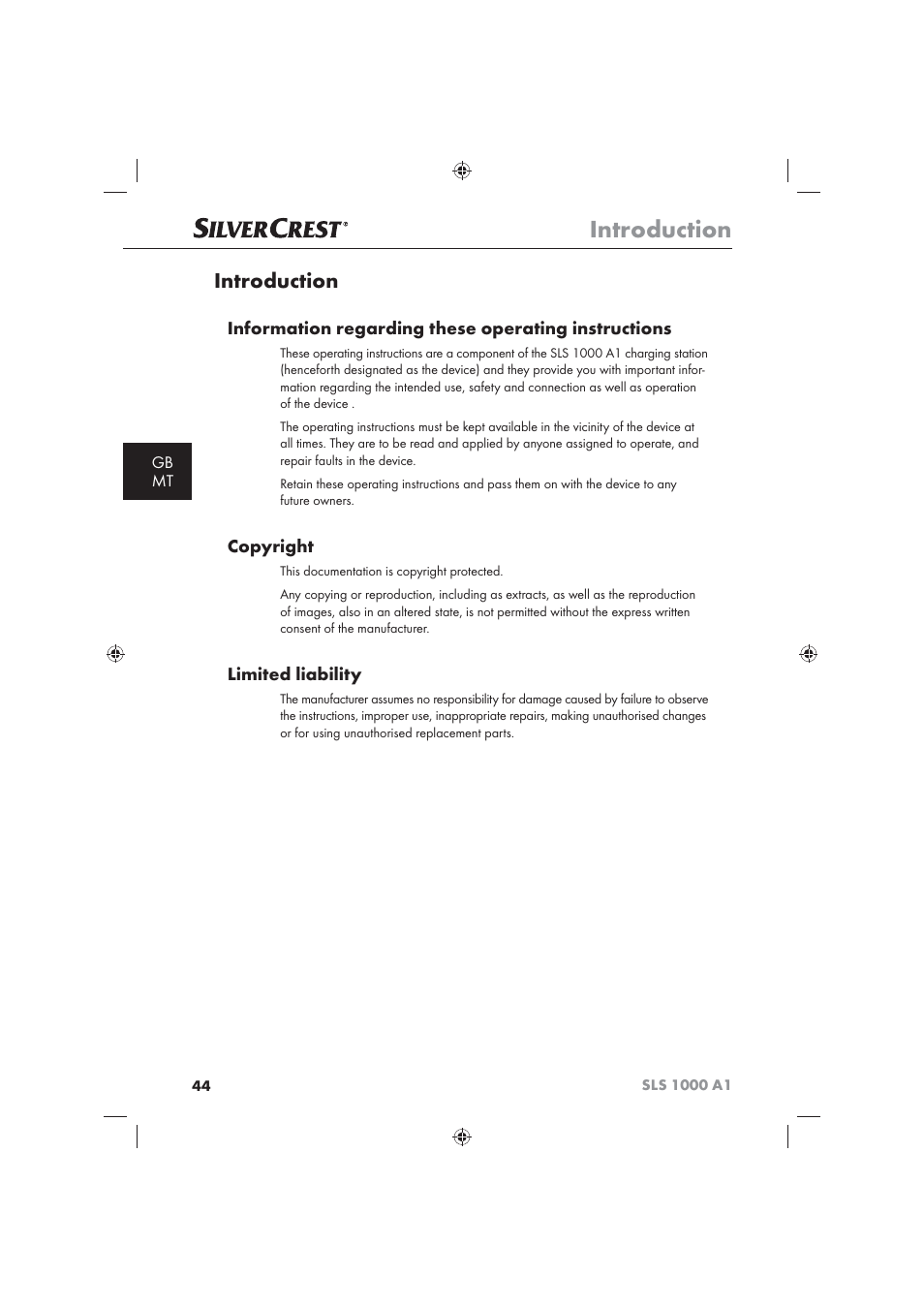 Introduction, Information regarding these operating instructions, Copyright | Limited liability, Gb mt | Silvercrest SLS 1000 A1 User Manual | Page 46 / 72