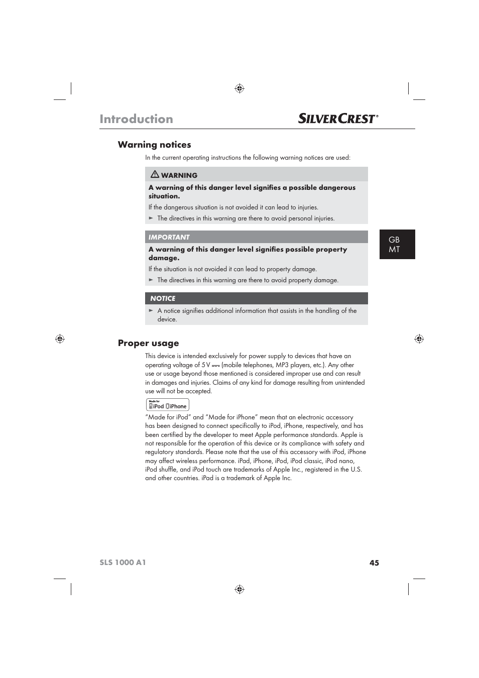 Introduction, Warning notices, Proper usage | Gb mt | Silvercrest SLS 1000 A1 User Manual | Page 47 / 72