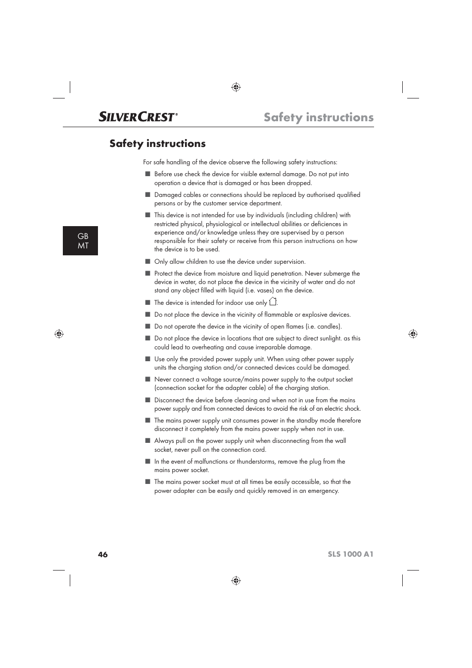 Safety instructions, Gb mt | Silvercrest SLS 1000 A1 User Manual | Page 48 / 72