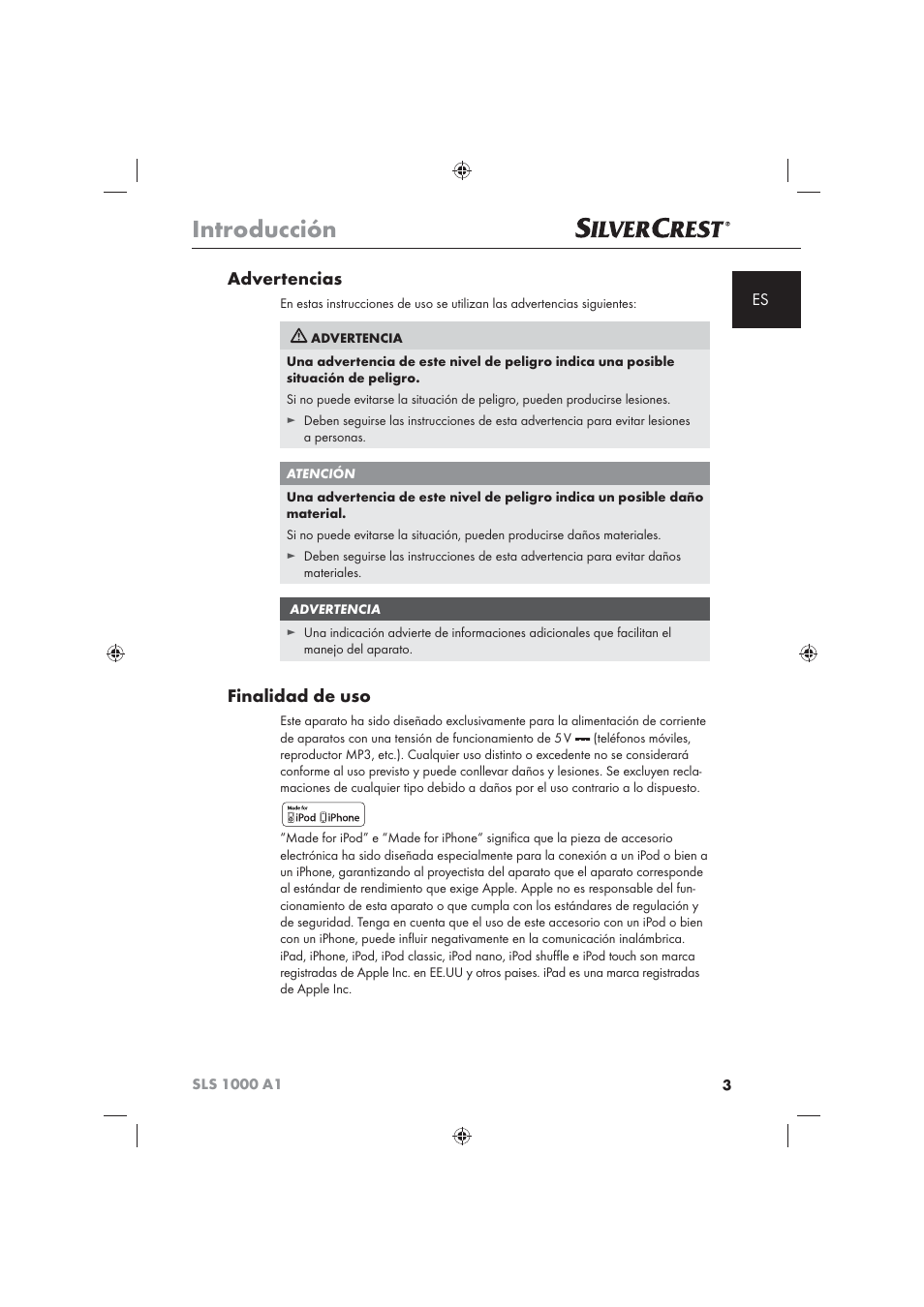 Introducción, Advertencias, Finalidad de uso | Silvercrest SLS 1000 A1 User Manual | Page 5 / 72