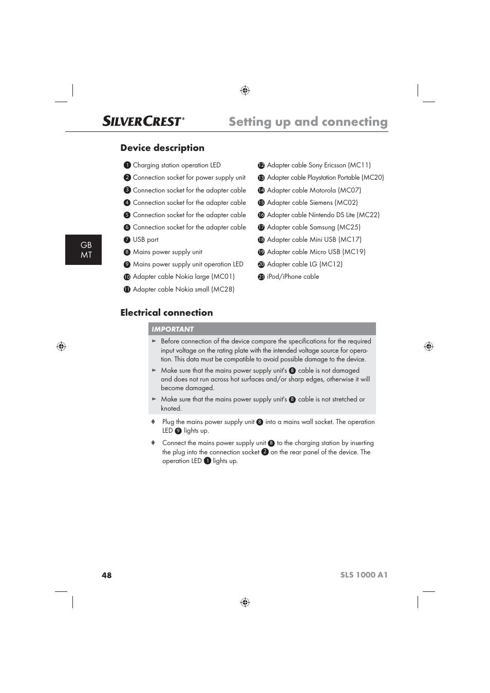 Setting up and connecting, Device description, Electrical connection | Gb mt | Silvercrest SLS 1000 A1 User Manual | Page 50 / 72