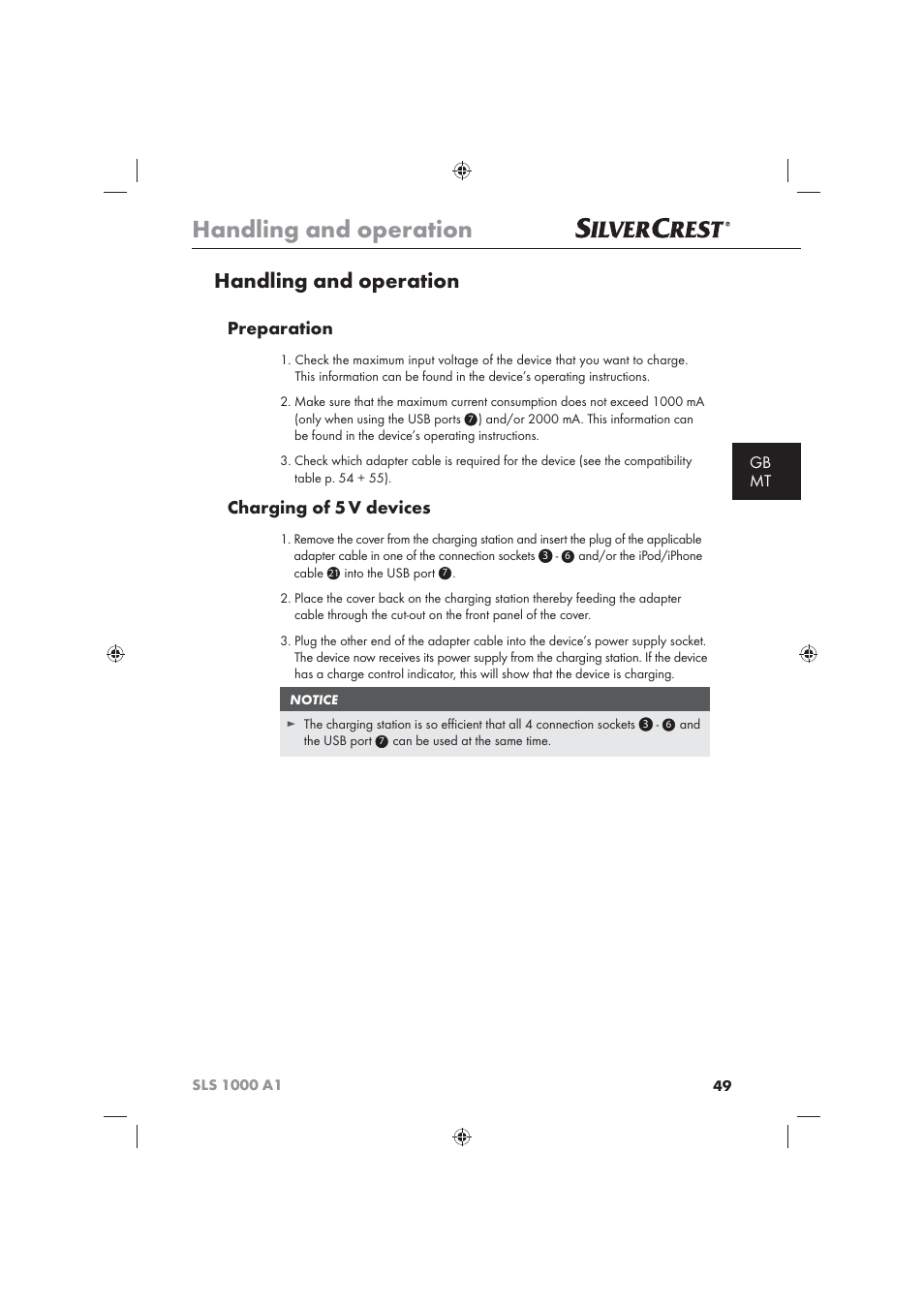 Handling and operation, Preparation, Charging of 5 v devices | Gb mt | Silvercrest SLS 1000 A1 User Manual | Page 51 / 72