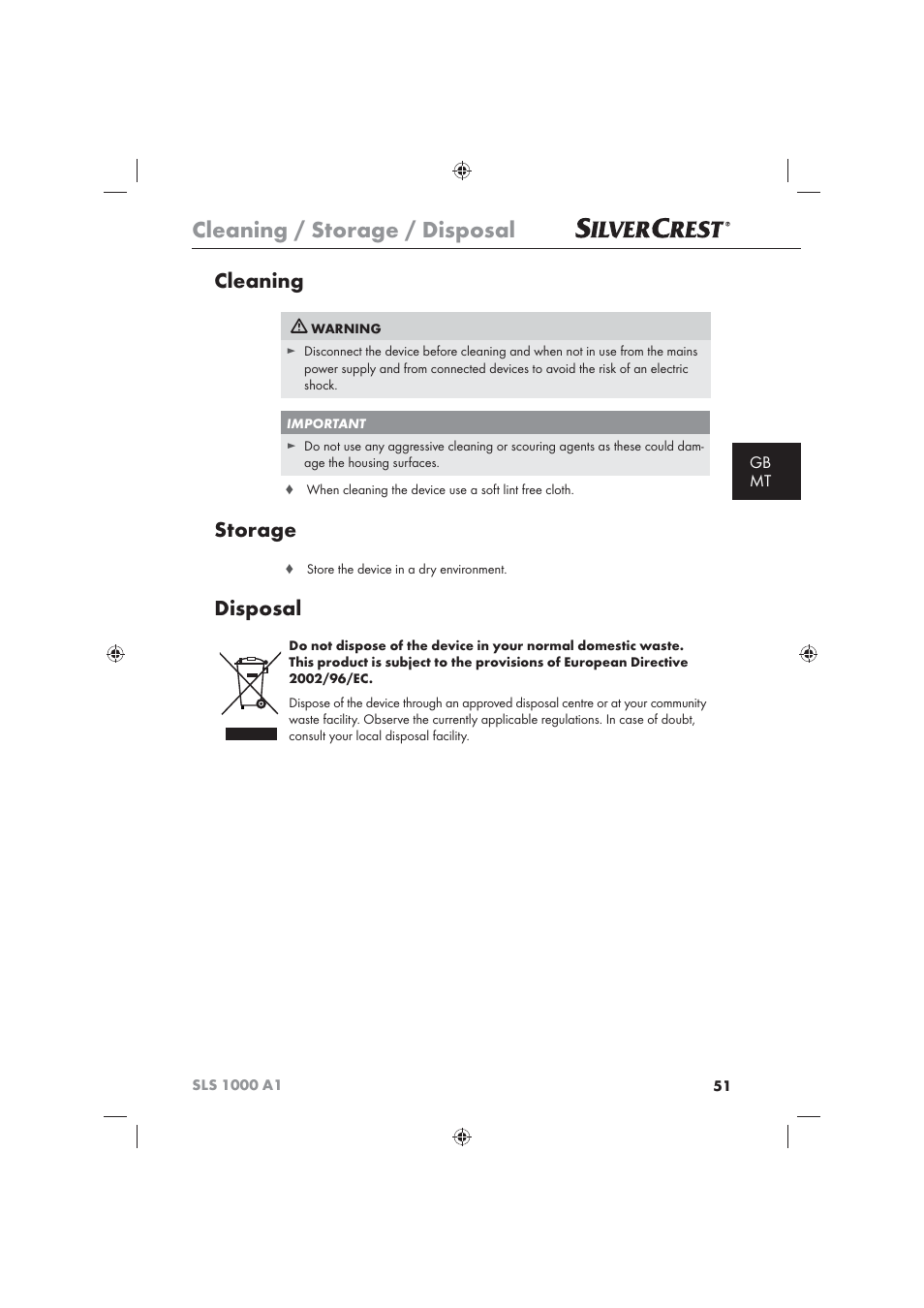 Cleaning / storage / disposal, Cleaning, Storage | Disposal, Gb mt | Silvercrest SLS 1000 A1 User Manual | Page 53 / 72