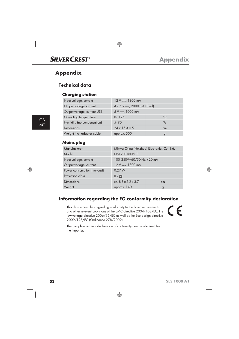 Appendix, Technical data, Gb mt | Charging station, Mains plug | Silvercrest SLS 1000 A1 User Manual | Page 54 / 72