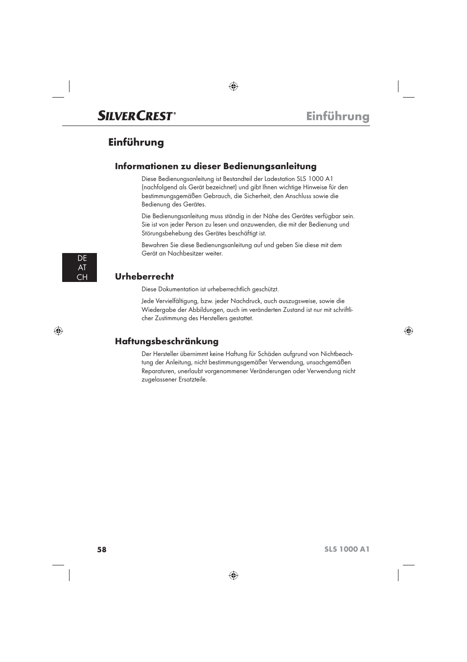 Einführung, Informationen zu dieser bedienungsanleitung, Urheberrecht | Haftungsbeschränkung, De at ch | Silvercrest SLS 1000 A1 User Manual | Page 60 / 72