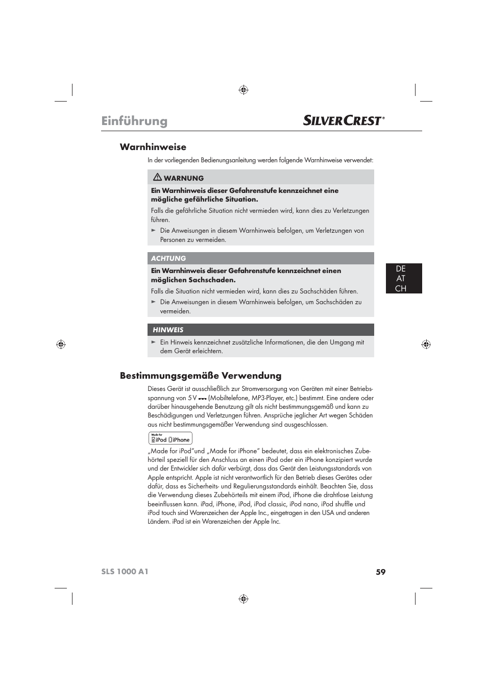 Einführung, Warnhinweise, Bestimmungsgemäße verwendung | De at ch | Silvercrest SLS 1000 A1 User Manual | Page 61 / 72