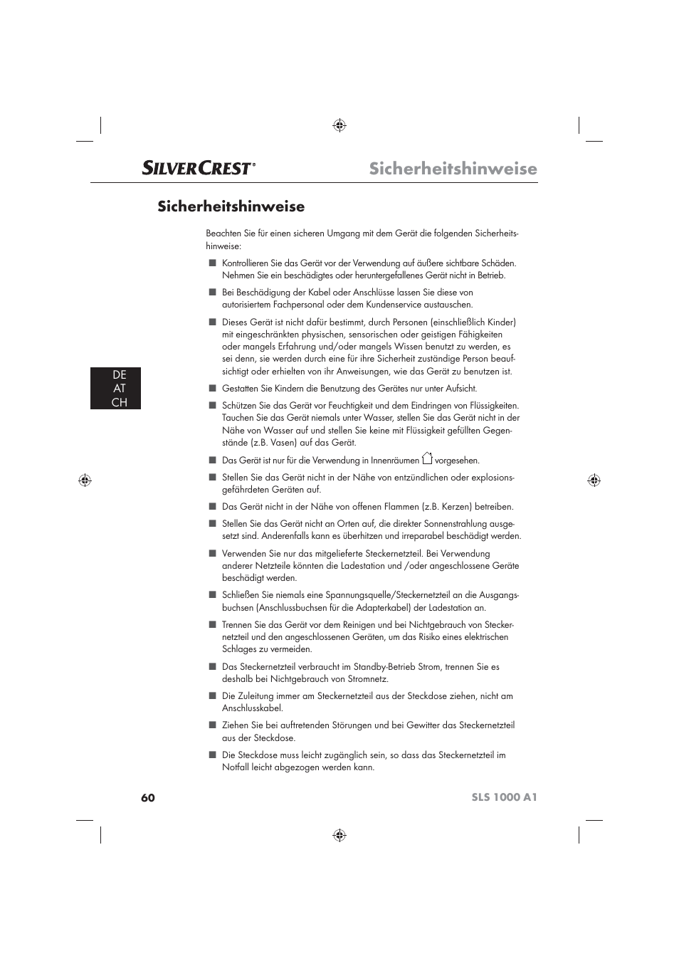 Sicherheitshinweise, De at ch | Silvercrest SLS 1000 A1 User Manual | Page 62 / 72