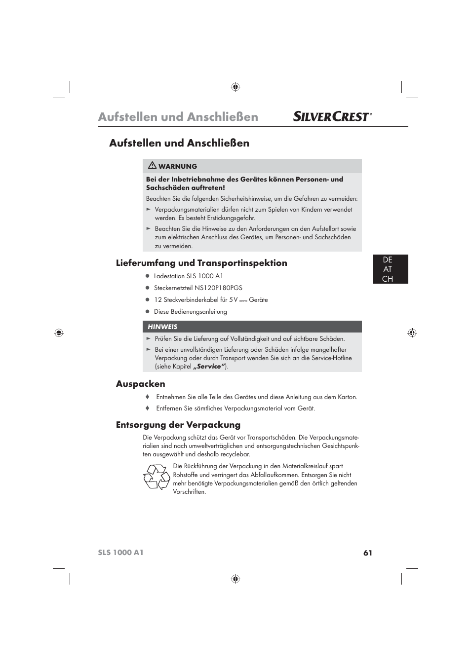 Aufstellen und anschließen, Lieferumfang und transportinspektion, Auspacken | Entsorgung der verpackung, De at ch | Silvercrest SLS 1000 A1 User Manual | Page 63 / 72